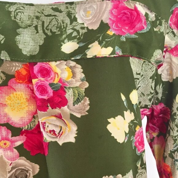 DKNY Long Colorful Tunic olive green/pink/yellow floral 3/4 sleeve square neck 6 - Picture 14 of 16